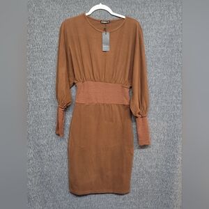 Rust Brown Sheilay Midi Dress – Dolman Sleeve Waist-Defined Size Small